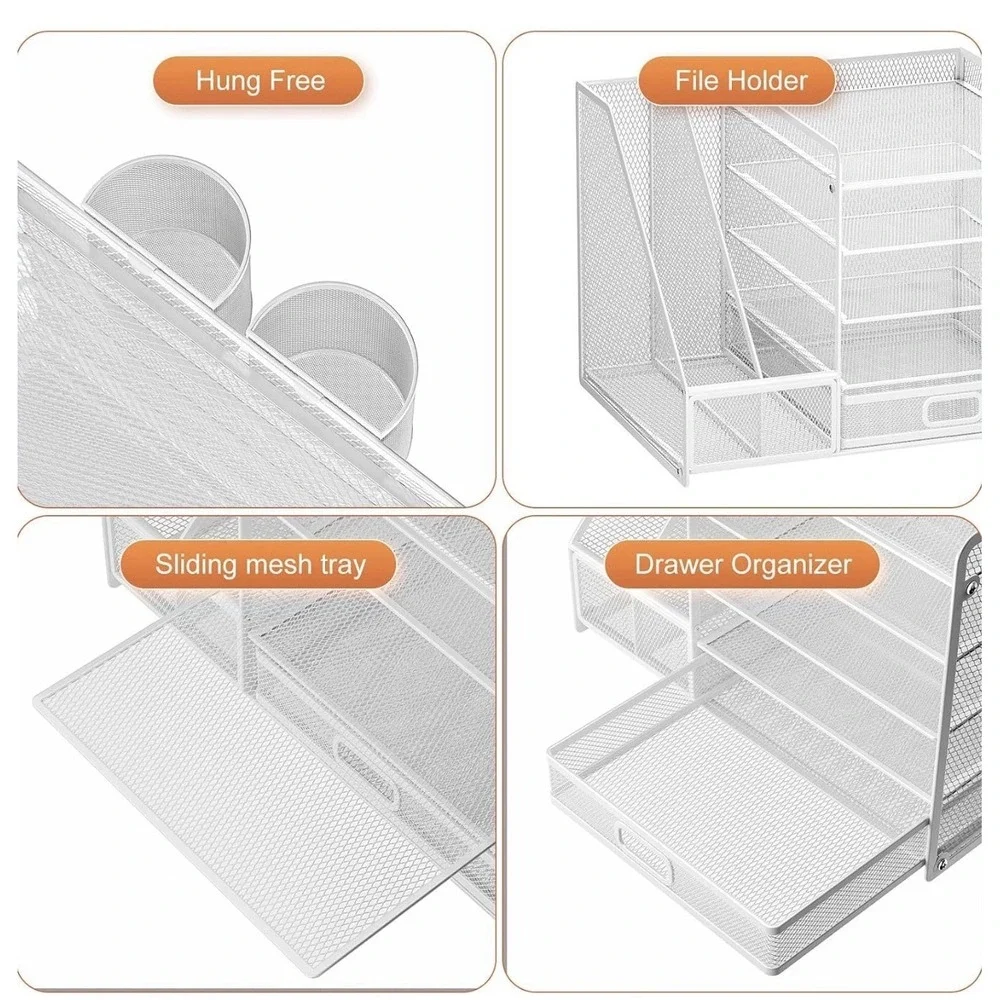Desk Organizer with File Holder, 5-Tier Paper Letter Tray Organizer with Drawer